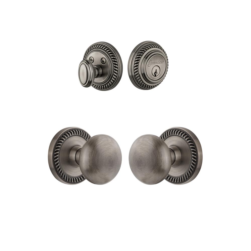 Grandeur by Nostalgic Warehouse Single Cylinder Combo Pack Keyed Differently - Newport Rosette with Fifth Avenue Knob and Matching Deadbolt in Antique Pewter